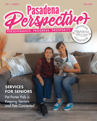 Carmel Mims on the cover of Pasadena Perspective magazine sitting on a couch with a cute gray dog on her with an elder lady.