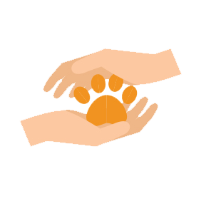 Hands holding pet paws icon.