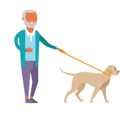Elderly man walking dog on leash icon.