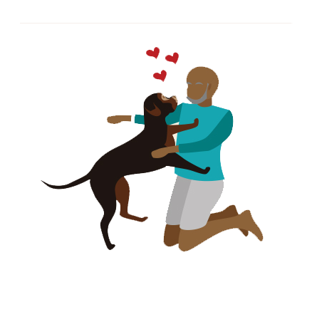 Man kneeling and hugging dog icon.