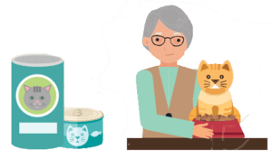 Elder lady with cat holding cat food icon.