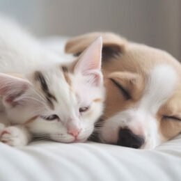 Cat and dog sleeping together in bed.