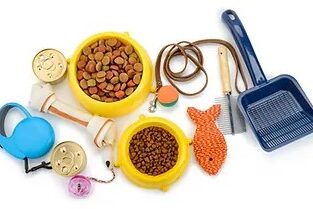 Pet supplies on a white background.